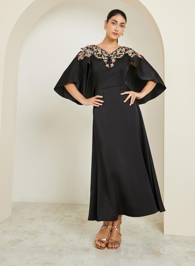 Styli Black Embellished Cape Sleeve Sheath Maxi Dress - Image 1